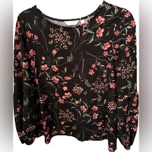 LC Lauren Conrad Black Floral Long Sleeve Blouse